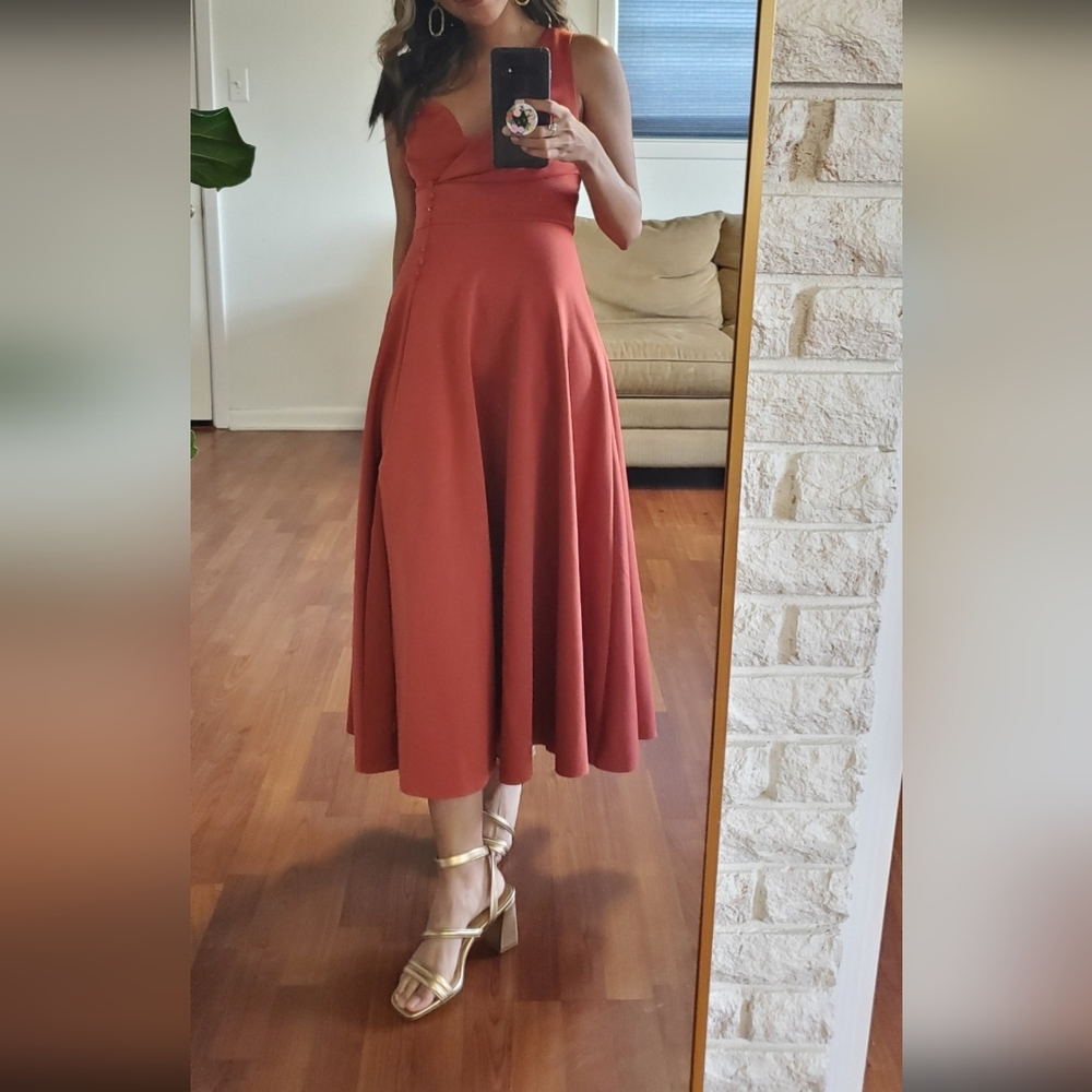 Button Detail Rust Color Midi Dress Asymmetric - image 2